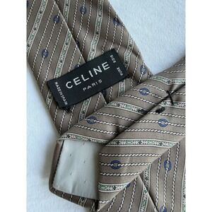 Celine Paris	Vintage Beige Horsebit Chain Stripes Printed	100% Silk Tie Necktie